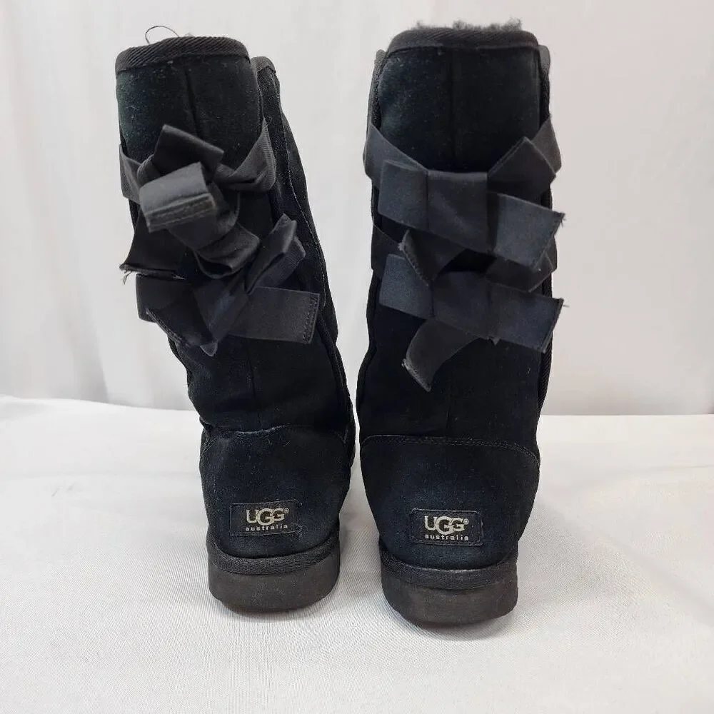 UGG Everleigh Black Suede Double Bow Mid Calf Womens 10 BOOTS Shearling Lining